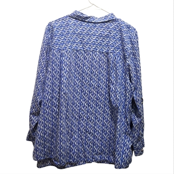 Catherines Blue White Abstract Diamond  Print Cotton Blouse Plus Sz Petite 2XWP - Picture 2 of 6